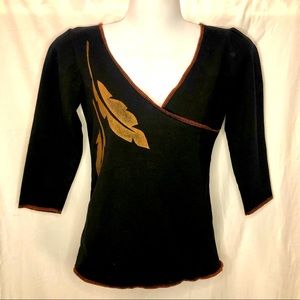 3/4 Length Sleeve Black Organic Top Gold Leaves